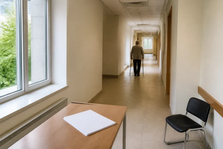 חלון לשכת ביטוח לאומי וטופס רפואי עם סטטוסקופ; מתייחס לנושא: גמלת סיעוד ושעות טיפול.